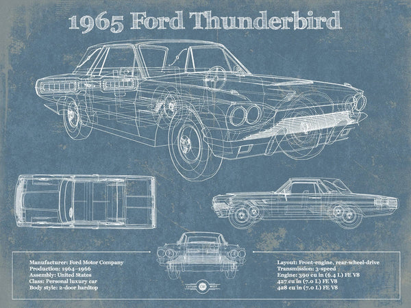 14" x 11" / Unframed Cutler West 1965 Ford Thunderbird Blueprint Vintage Auto Print