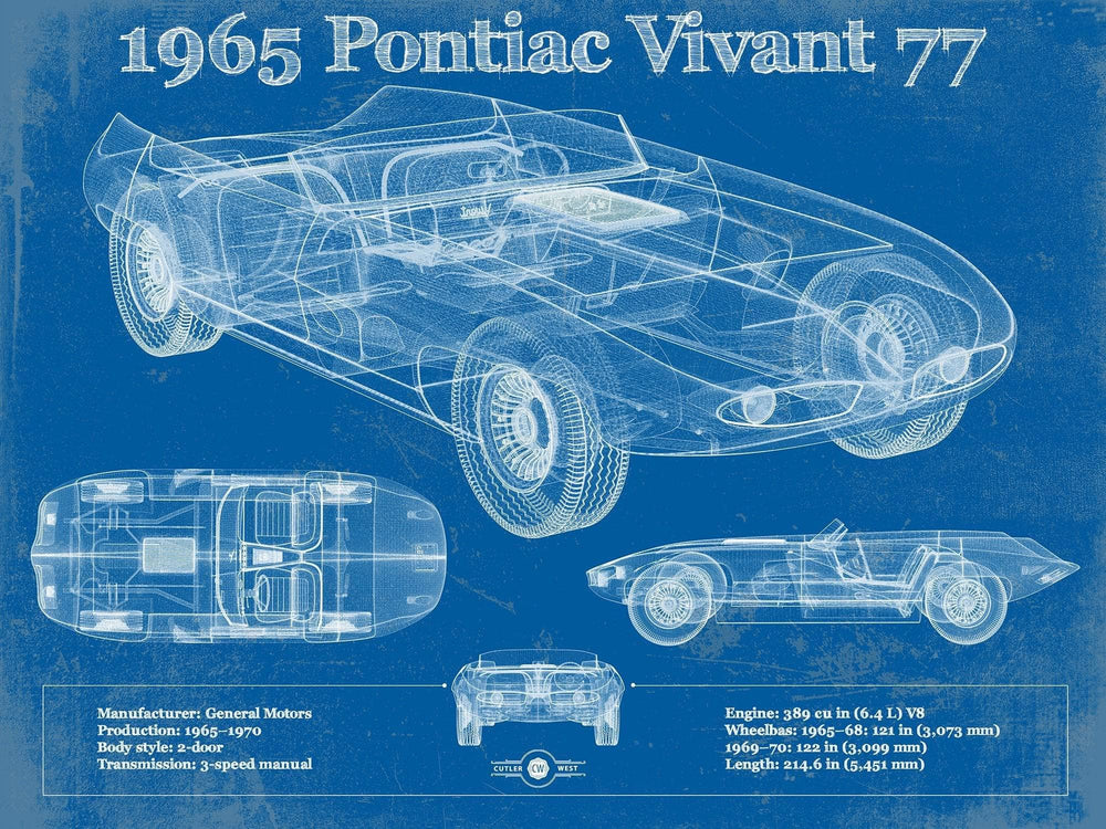 14" x 11" / Stretched Canvas Wrap Cutler West 1965 Pontiac Vivant 77 Vintage Blueprint Auto Print