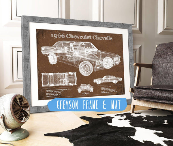 14" x 11" / Greyson Frame & Mat Cutler West 1966 Chevelle Chevelle (Malibu) SS-396 Hardtop Coupe Original Blueprint Art