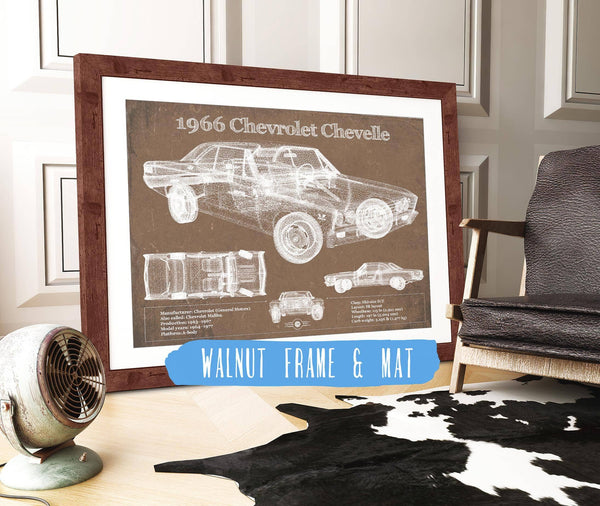 20" x 16" / Walnut Frame & Mat Cutler West 1966 Chevelle Chevelle (Malibu) SS-396 Hardtop Coupe Original Blueprint Art