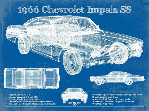 14" x 11" / Unframed Cutler West 1966 Chevrolet Impala SS Blueprint Vintage Auto Print