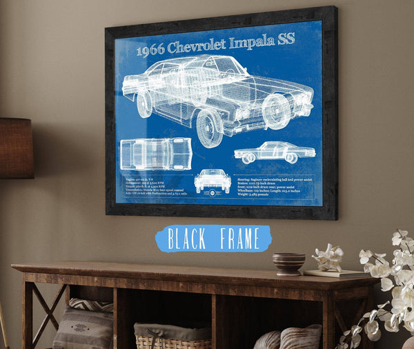 20" x 16" / Black Frame Cutler West 1966 Chevrolet Impala SS Blueprint Vintage Auto Print