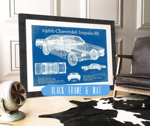 20" x 16" / Black Frame & Mat Cutler West 1966 Chevrolet Impala SS Blueprint Vintage Auto Print