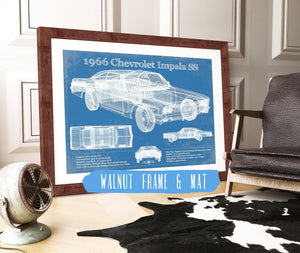 20" x 16" / Walnut Frame & Mat Cutler West 1966 Chevrolet Impala SS Blueprint Vintage Auto Print