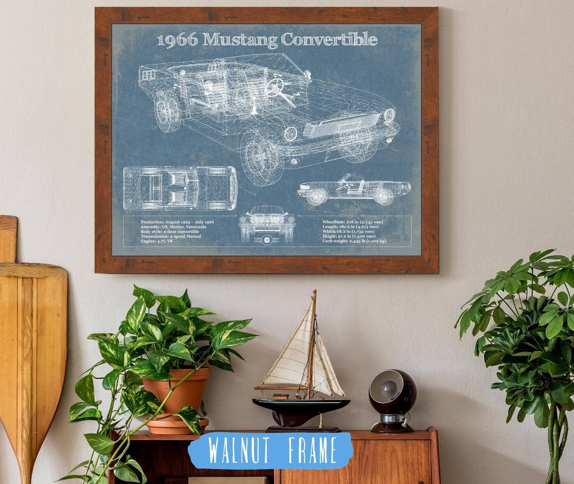 Cutler West Ford Collection 14" x 11" / Walnut Frame Ford Mustang 1966 Original Blueprint Art 93331131685343