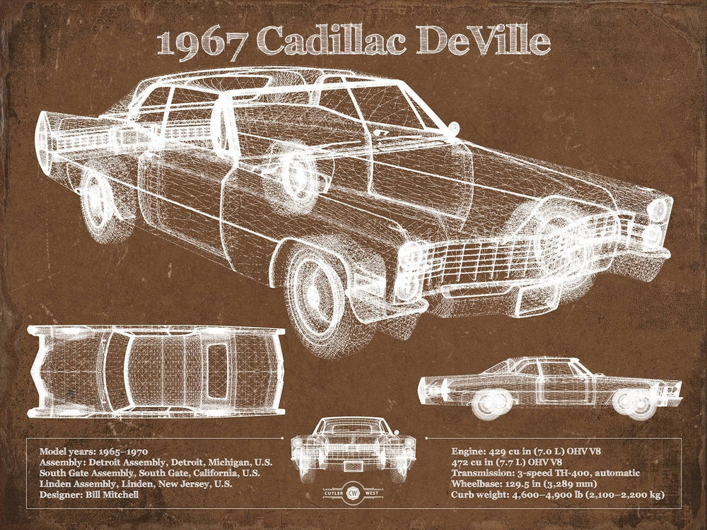 14" x 11" / Stretched Canvas Wrap Cutler West 1967 Cadillac DeVille Blueprint Vintage Auto Print