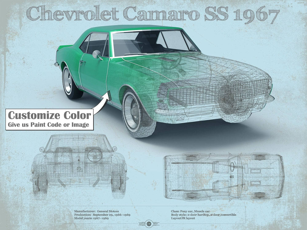 14" x 11" / Stretched Canvas Wrap Cutler West 1967 Camaro SS 1967 Original Vintage Car Print