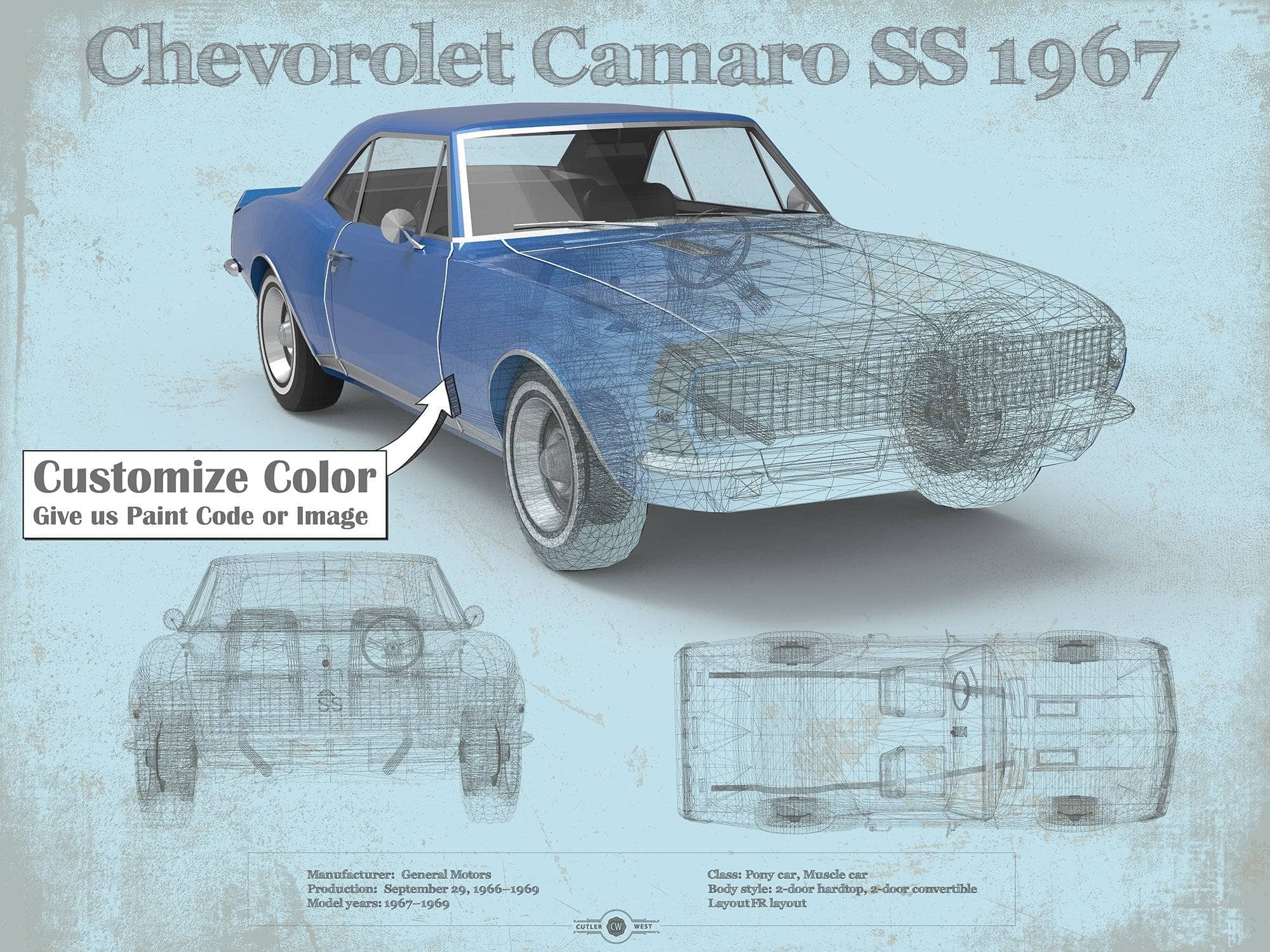 Cutler West Chevrolet Collection Camaro SS 1967 Original Vintage Car Print