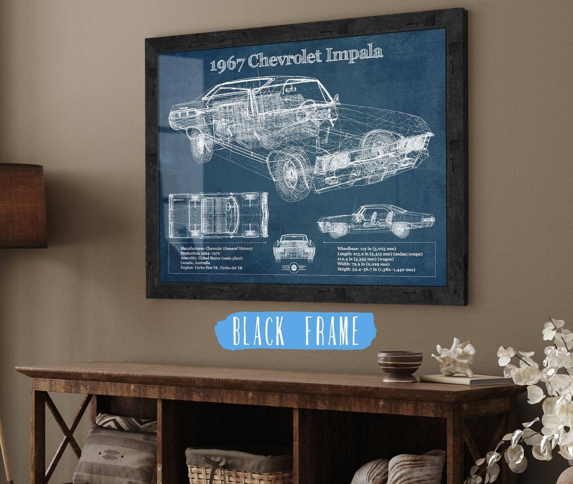 Cutler West Chevrolet Collection 14" x 11" / Black Frame 1967 Chevrolet Impala Blueprint Vintage Auto Print 235353054