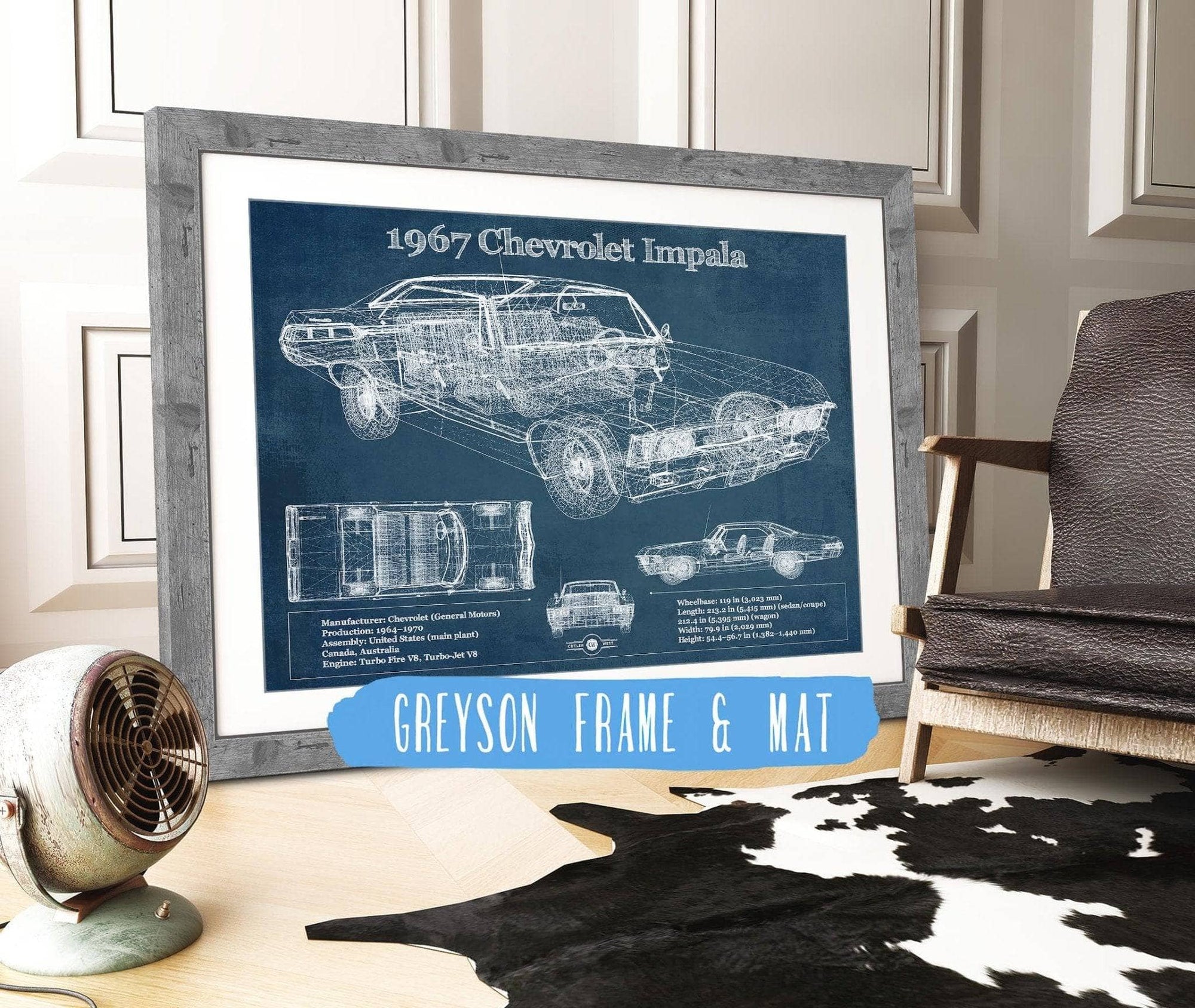 Cutler West Chevrolet Collection 14" x 11" / Greyson Frame & Mat 1967 Chevrolet Impala Blueprint Vintage Auto Print 235353054