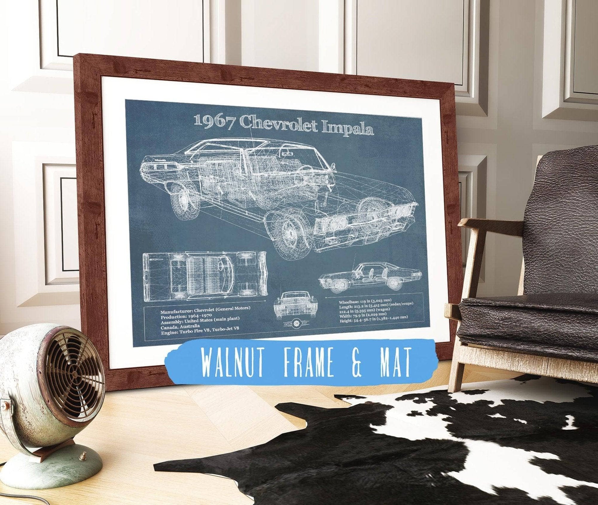Cutler West Chevrolet Collection 14" x 11" / Walnut Frame & Mat 1967 Chevrolet Impala Blueprint Vintage Auto Print 235353054