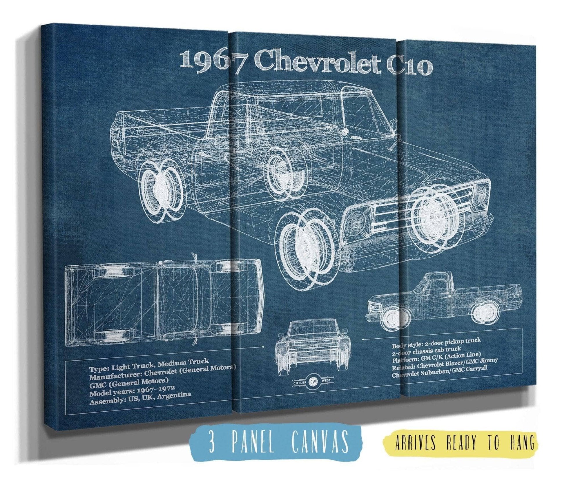 Cutler West Chevrolet Collection 48" x 32" / 3 Panel Canvas Wrap 1967 Chevy C10 Shortbed Vintage Blueprint Truck Print 235353059