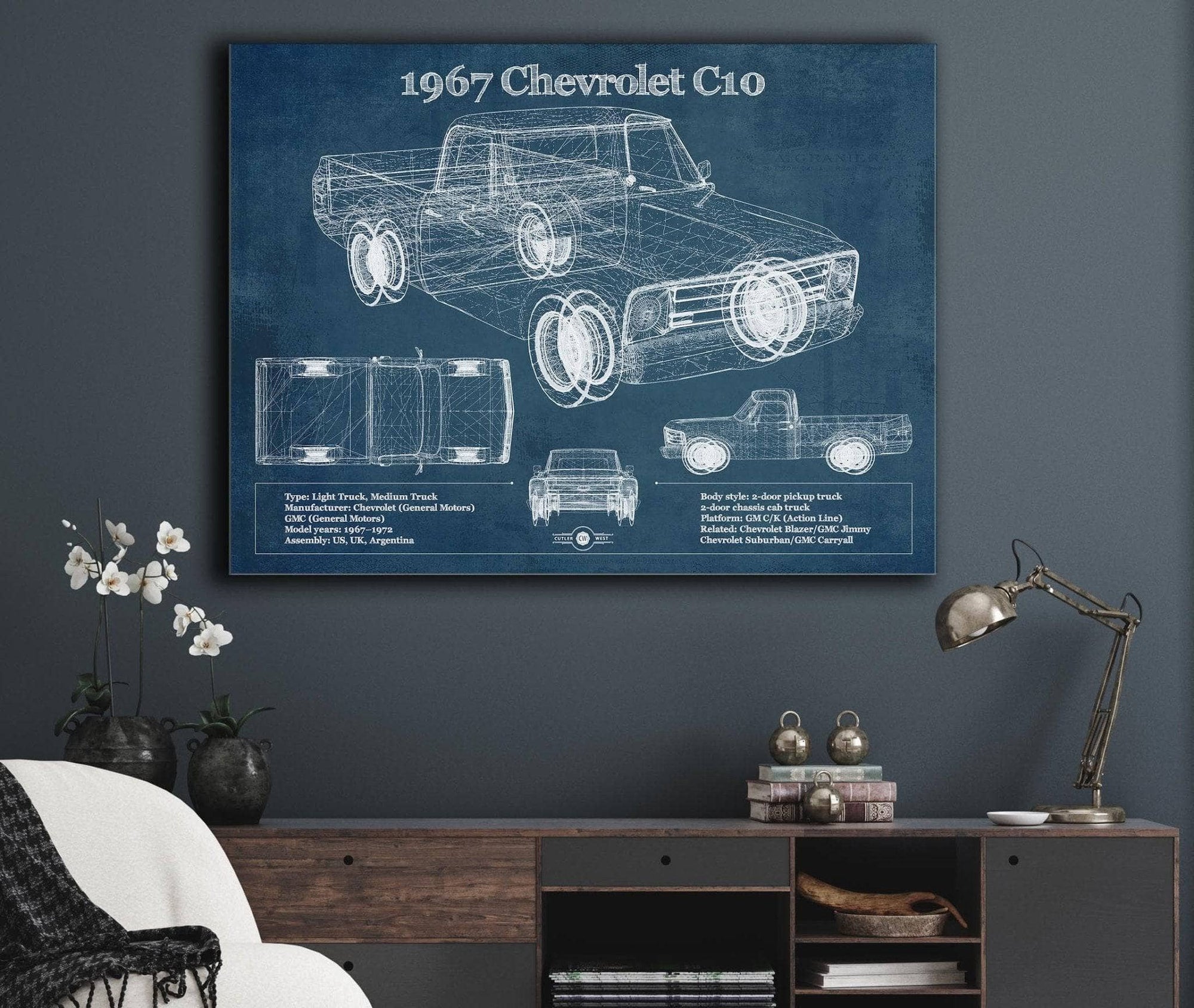 Cutler West Chevrolet Collection 1967 Chevy C10 Shortbed Vintage Blueprint Truck Print