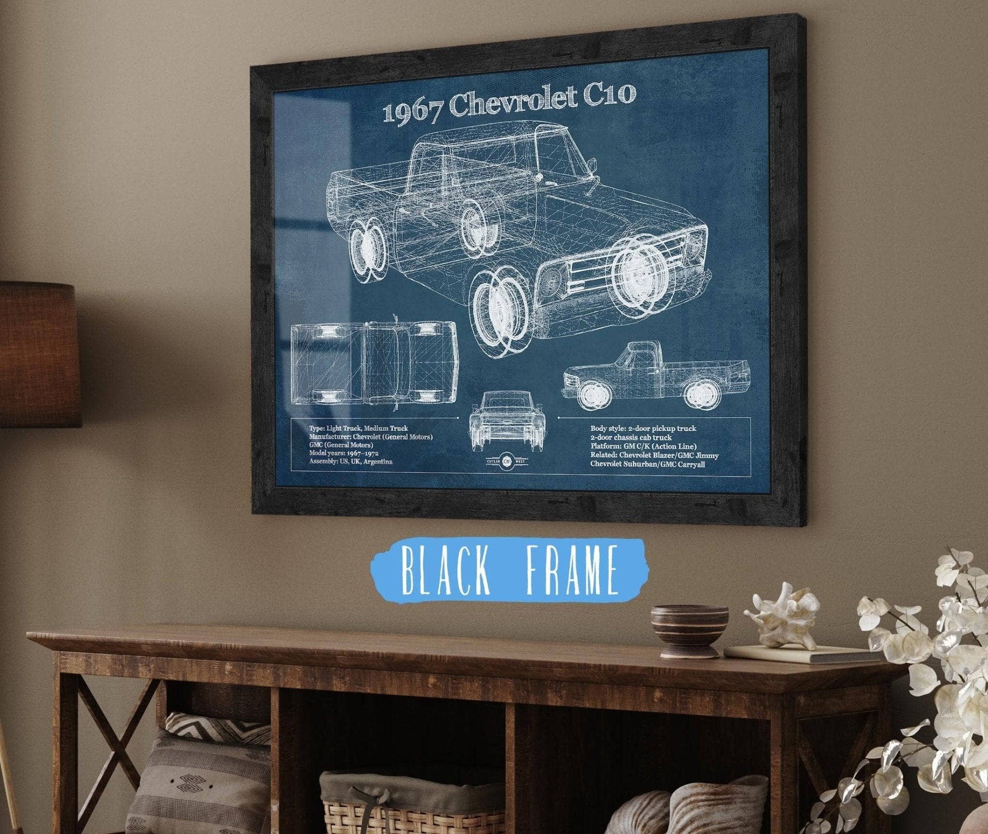 Cutler West Chevrolet Collection 14" x 11" / Black Frame 1967 Chevy C10 Shortbed Vintage Blueprint Truck Print 235353059