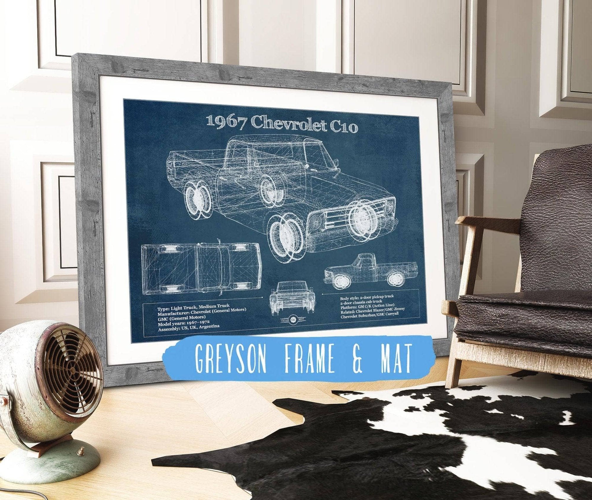 Cutler West Chevrolet Collection 14" x 11" / Greyson Frame & Mat 1967 Chevy C10 Shortbed Vintage Blueprint Truck Print 235353059
