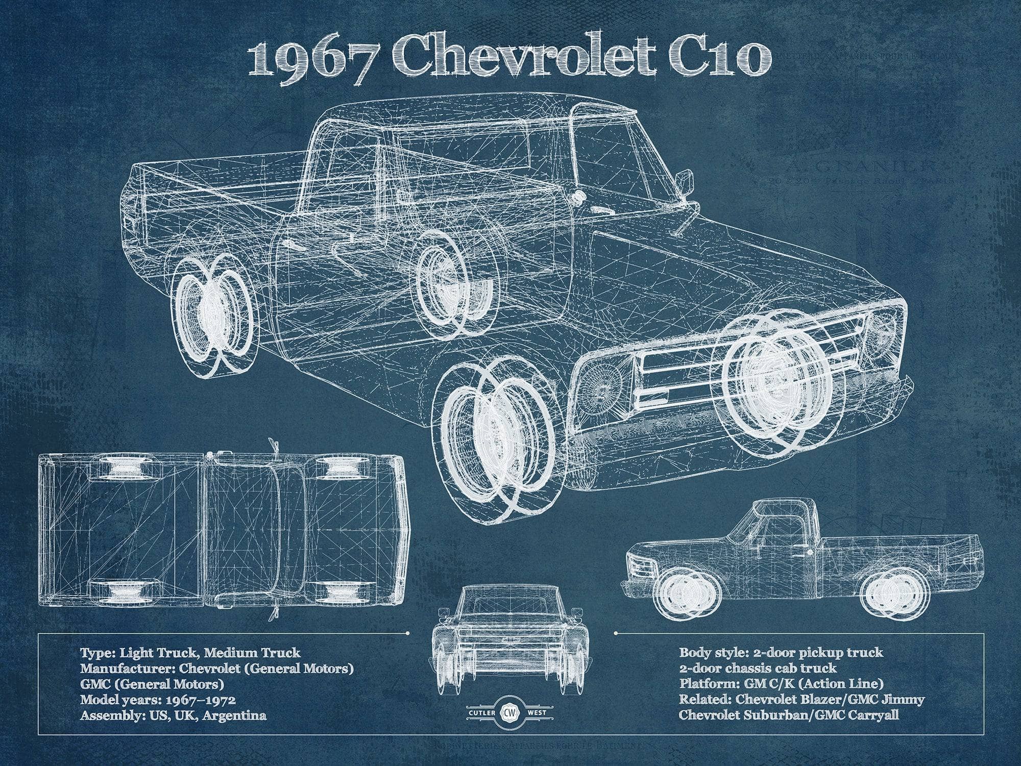 Cutler West Chevrolet Collection 14" x 11" / Unframed 1967 Chevy C10 Shortbed Vintage Blueprint Truck Print 235353059