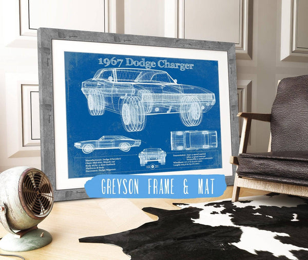 14" x 11" / Greyson Frame & Mat Cutler West 1967 Dodge Charger Vintage Blueprint Auto Print