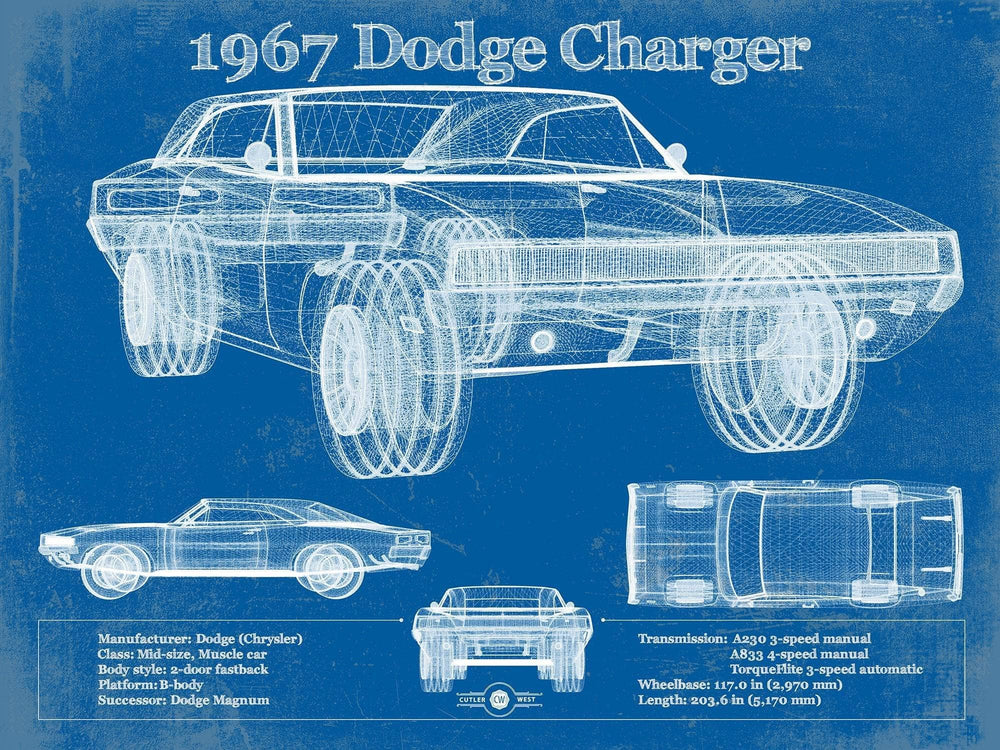 14" x 11" / Stretched Canvas Wrap Cutler West 1967 Dodge Charger Vintage Blueprint Auto Print