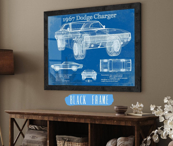 20" x 16" / Black Frame Cutler West 1967 Dodge Charger Vintage Blueprint Auto Print