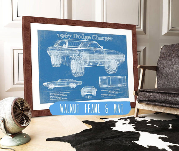 20" x 16" / Walnut Frame & Mat Cutler West 1967 Dodge Charger Vintage Blueprint Auto Print