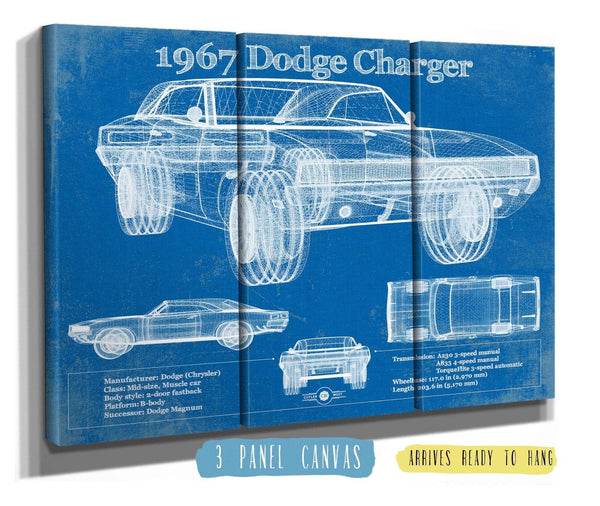 36" x 24" / 3 Panel Canvas Wrap Cutler West 1967 Dodge Charger Vintage Blueprint Auto Print
