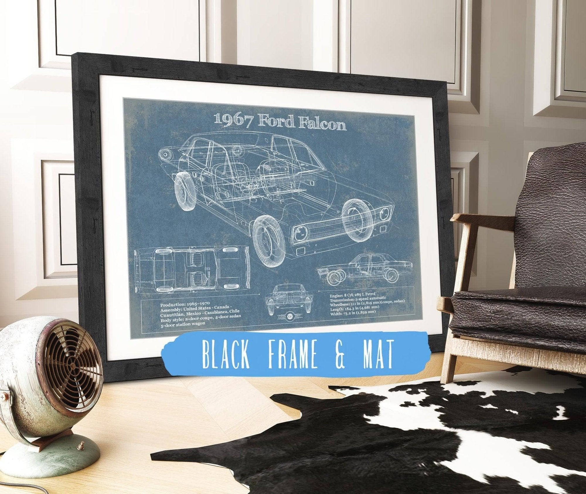 Cutler West Ford Collection 14" x 11" / Black Frame & Mat 1967 Ford Falcon Coupe Blueprint Vintage Auto Print 235353062