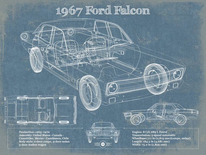 Cutler West Ford Collection 14" x 11" / Unframed 1967 Ford Falcon Coupe Blueprint Vintage Auto Print 235353062