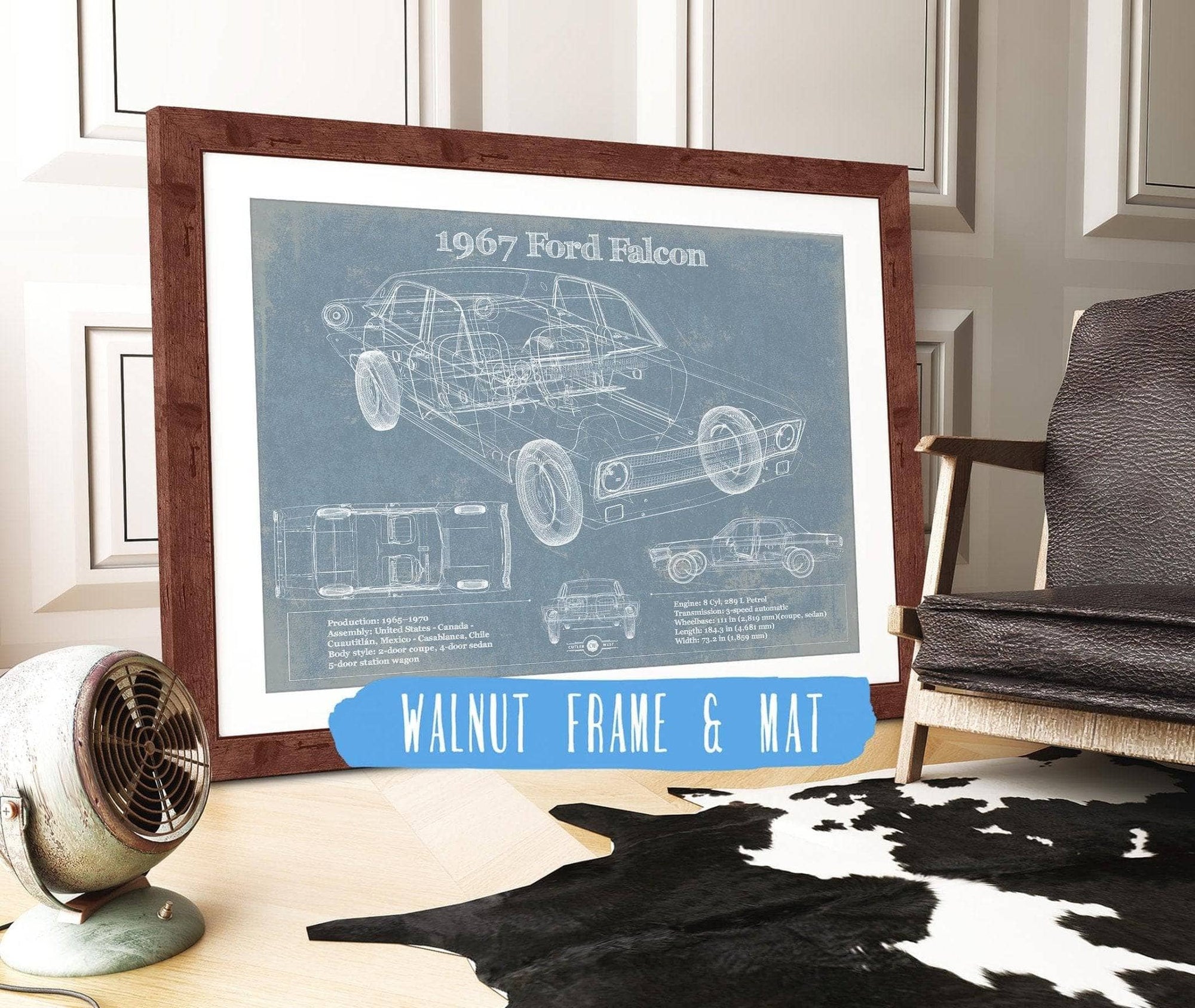 Cutler West Ford Collection 14" x 11" / Walnut Frame & Mat 1967 Ford Falcon Coupe Blueprint Vintage Auto Print 235353062