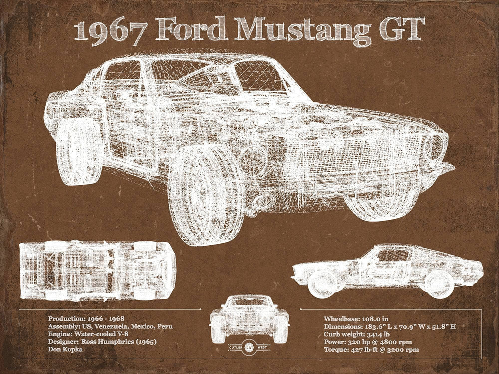 14" x 11" / Stretched Canvas Wrap Cutler West 1967 Ford Mustang GT Blueprint Vintage Auto Print