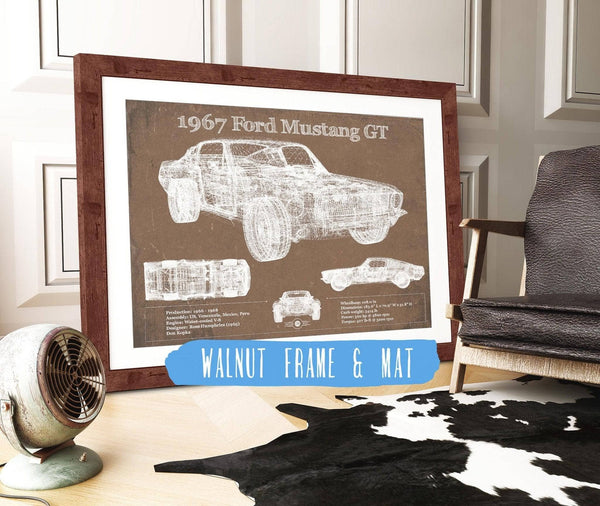 20" x 16" / Walnut Frame & Mat Cutler West 1967 Ford Mustang GT Blueprint Vintage Auto Print