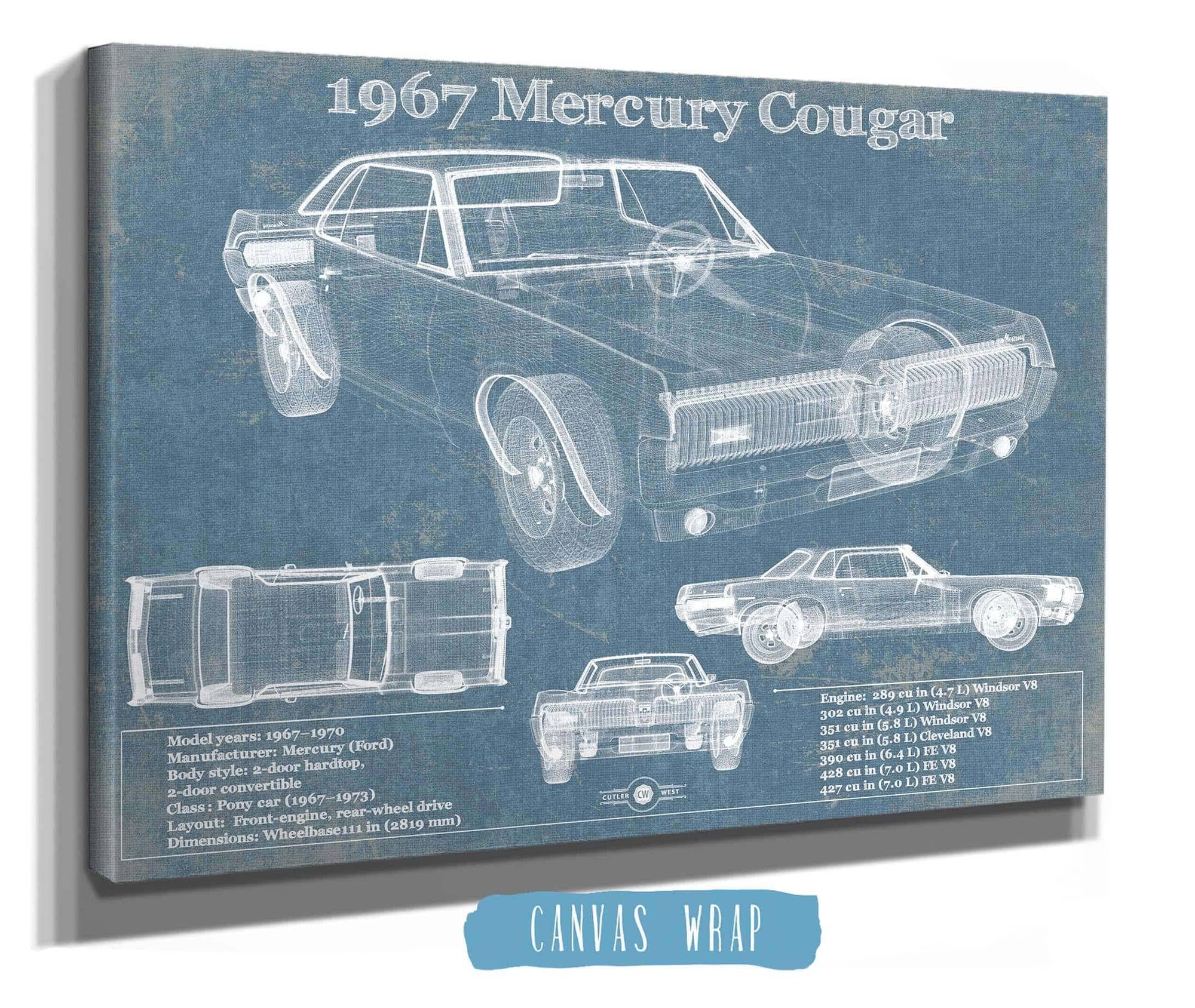 Cutler West 1967 Mercury Cougar Vintage Blueprint Auto Print