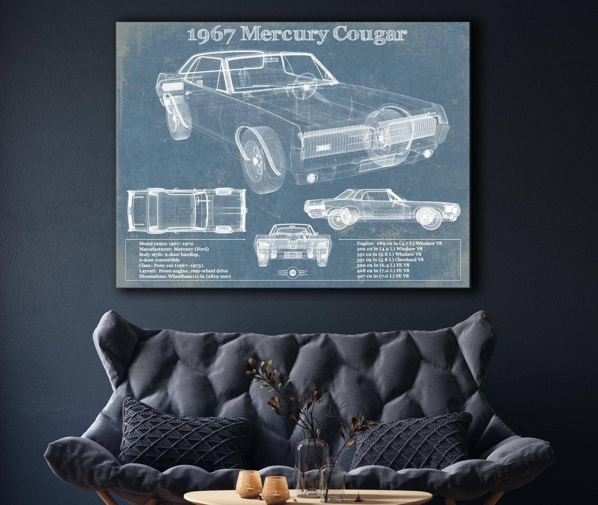 Cutler West 1967 Mercury Cougar Vintage Blueprint Auto Print