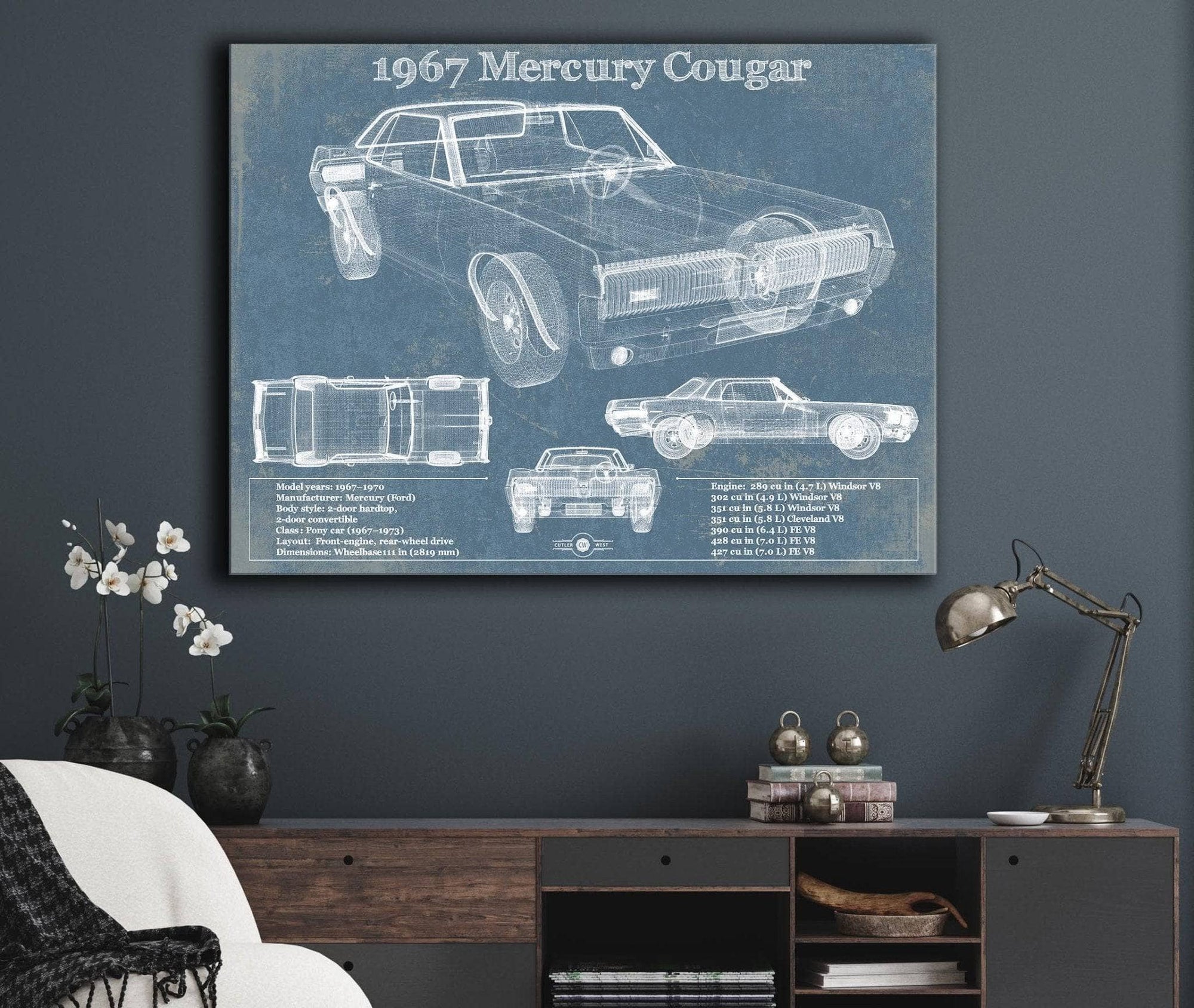 Cutler West 1967 Mercury Cougar Vintage Blueprint Auto Print