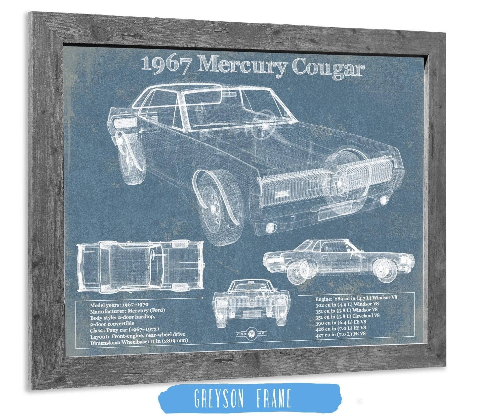 14" x 11" / Greyson Frame Cutler West 1967 Mercury Cougar Vintage Blueprint Auto Print