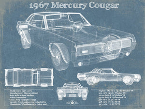 14" x 11" / Unframed Cutler West 1967 Mercury Cougar Vintage Blueprint Auto Print