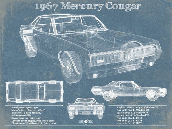 14" x 11" / Unframed Cutler West 1967 Mercury Cougar Vintage Blueprint Auto Print