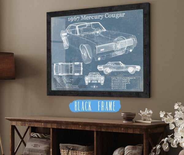 20" x 16" / Black Frame Cutler West 1967 Mercury Cougar Vintage Blueprint Auto Print