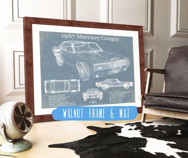20" x 16" / Walnut Frame & Mat Cutler West 1967 Mercury Cougar Vintage Blueprint Auto Print