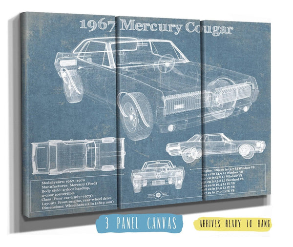 36" x 24" / 3 Panel Canvas Wrap Cutler West 1967 Mercury Cougar Vintage Blueprint Auto Print