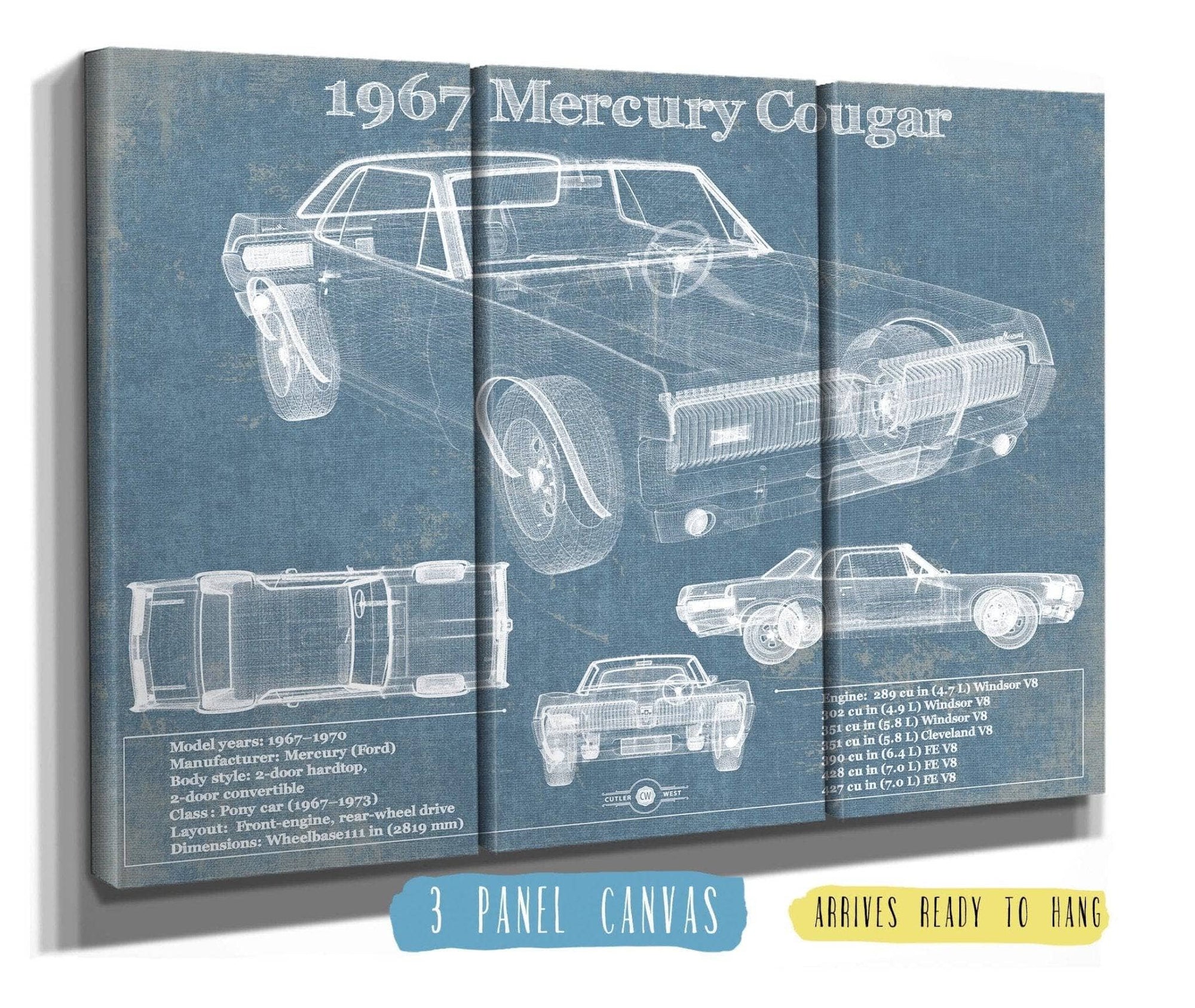 36" x 24" / 3 Panel Canvas Wrap Cutler West 1967 Mercury Cougar Vintage Blueprint Auto Print