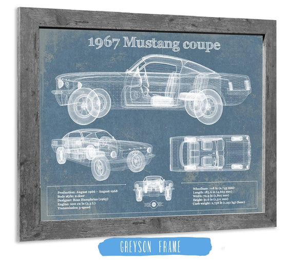14" x 11" / Greyson Frame Cutler West 1967 Mustang coupe Blueprint Vintage Auto Print
