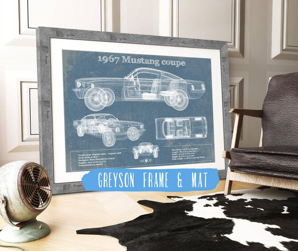 14" x 11" / Greyson Frame & Mat Cutler West 1967 Mustang coupe Blueprint Vintage Auto Print