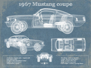 14" x 11" / Unframed Cutler West 1967 Mustang coupe Blueprint Vintage Auto Print