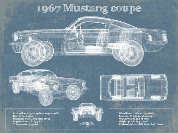 14" x 11" / Unframed Cutler West 1967 Mustang coupe Blueprint Vintage Auto Print