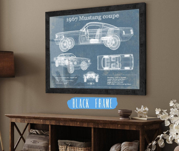 20" x 16" / Black Frame Cutler West 1967 Mustang coupe Blueprint Vintage Auto Print