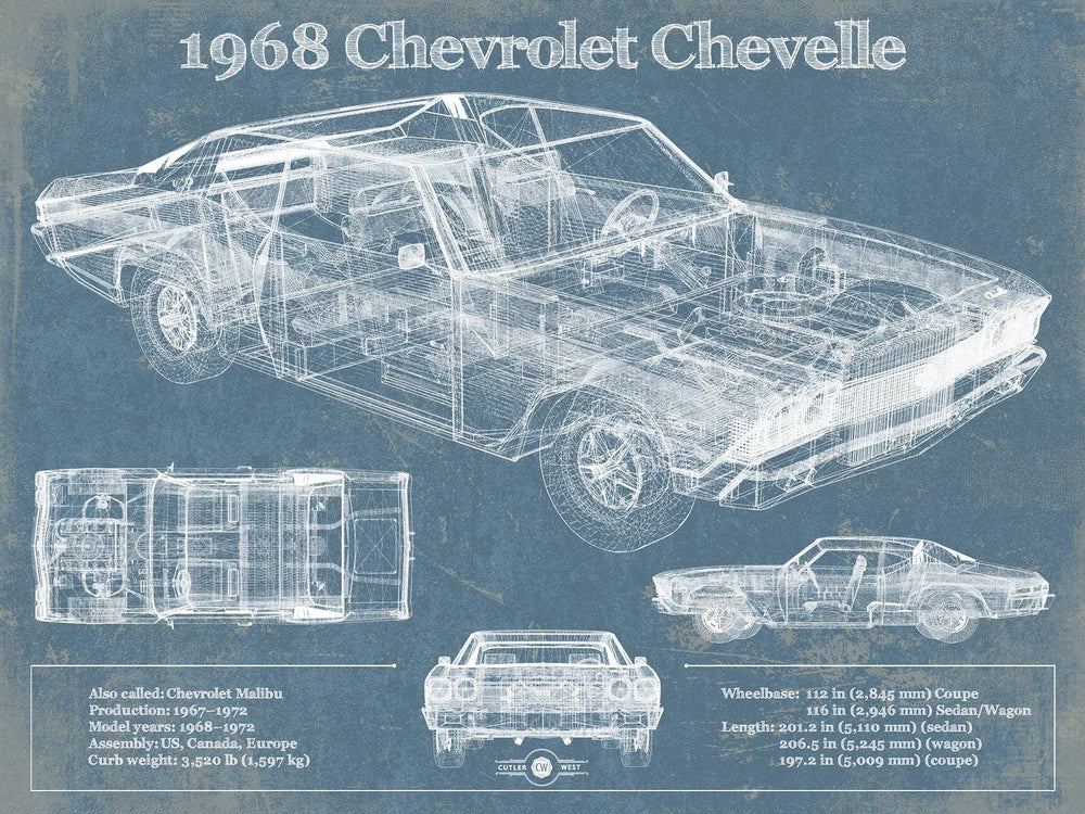 14" x 11" / Stretched Canvas Wrap Cutler West 1968 Chevrolet Chevelle Original Blueprint Art