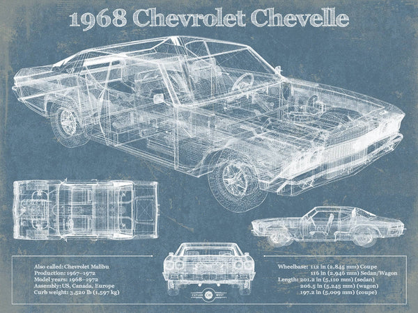 14" x 11" / Unframed Cutler West 1968 Chevrolet Chevelle Original Blueprint Art