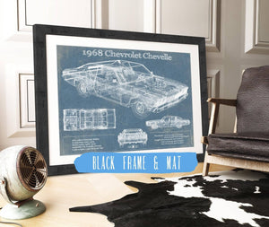 20" x 16" / Black Frame & Mat Cutler West 1968 Chevrolet Chevelle Original Blueprint Art