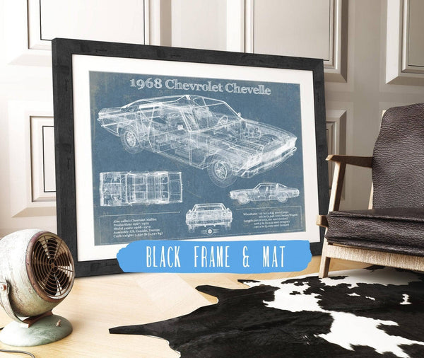 20" x 16" / Black Frame & Mat Cutler West 1968 Chevrolet Chevelle Original Blueprint Art