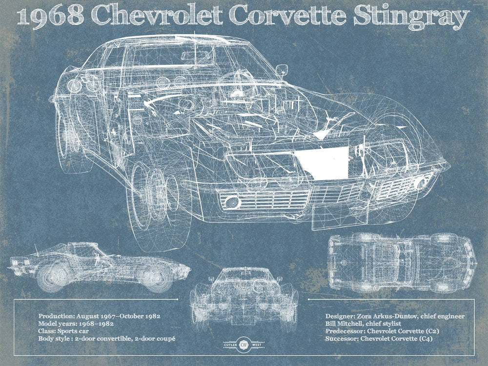 14" x 11" / Stretched Canvas Wrap Cutler West 1968 Chevrolet Corvette Stingray Blueprint Vintage Auto Print